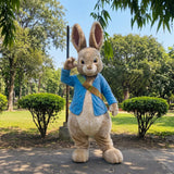 Realistic Rabbit Mascot Costume | Bunny Character Costume with Blue Shirt & Crossbody Bag | Full Body Rabbit Suit