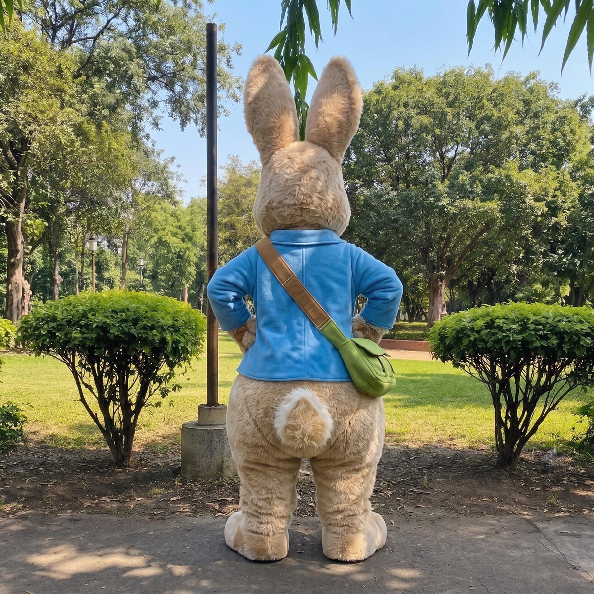 Realistic Rabbit Mascot Costume | Bunny Character Costume with Blue Shirt & Crossbody Bag | Full Body Rabbit Suit