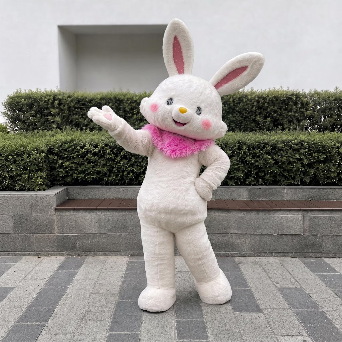 White Easter Bunny Mascot Costume – Full Body Soft Plush Rabbit Suit with Pink Collar for Events, Parties & Character Cosplay